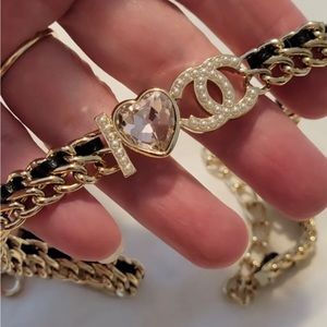 CHANEL I Love CC pearl logo Pink Heart leather woven chain Choker Necklace